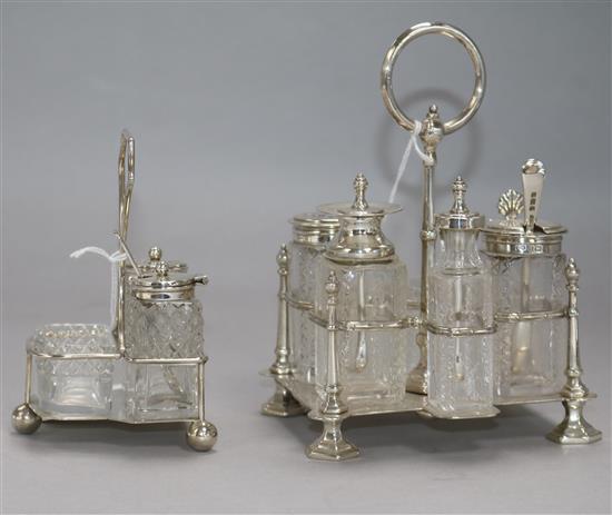 An Edwardian silver cruet stand with five cruets and a similar smaller silver cruet stand.